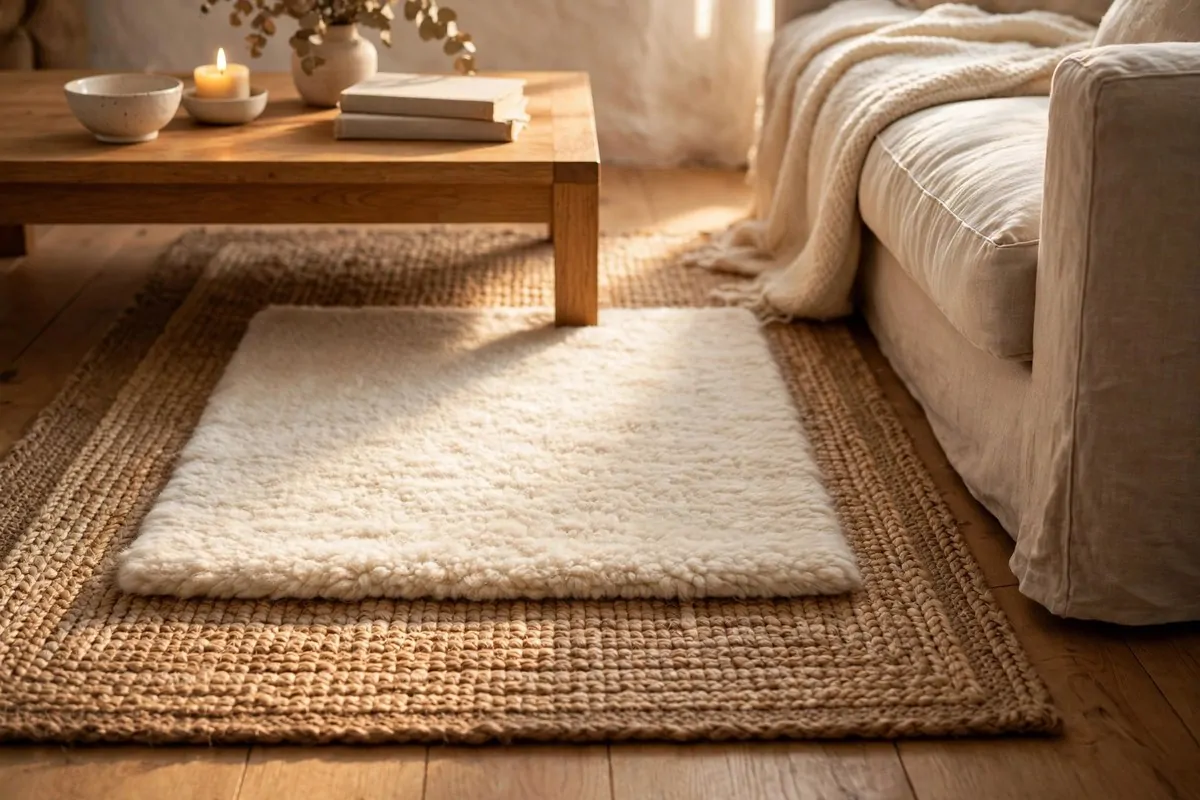 23 Hygge Home Inspiration Ideas for Ultimate Comfort 8 Layered jute and cream wool rugs in a warm living room