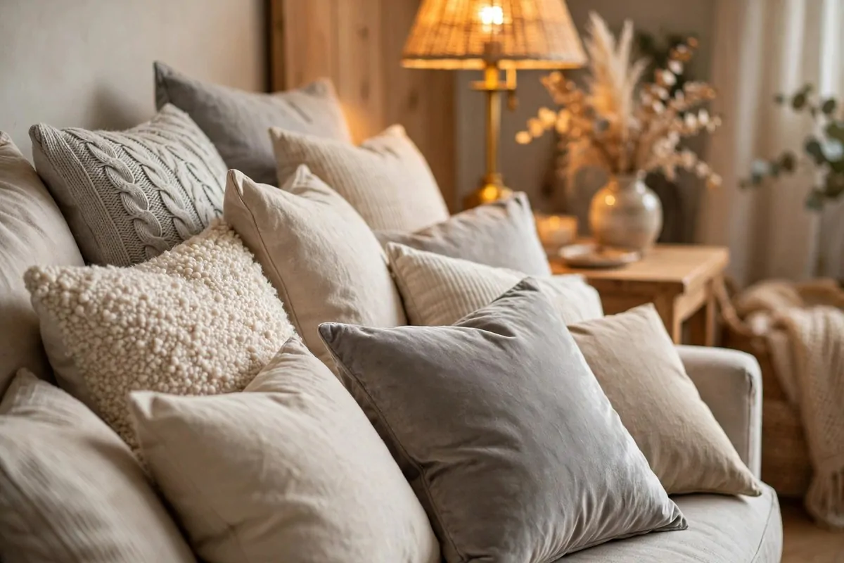 23 Hygge Home Inspiration Ideas for Ultimate Comfort 9 Sofa piled high with linen, boucle and velvet pillows in warm neutrals