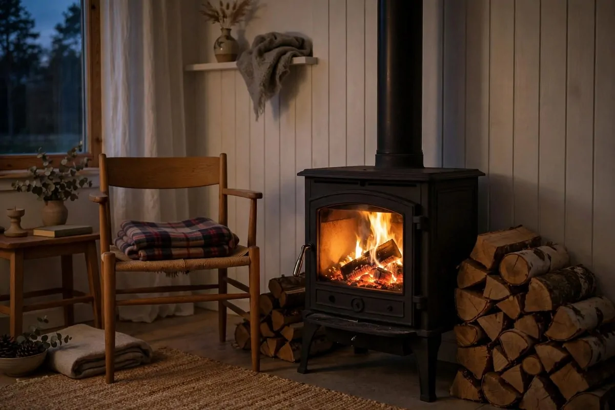 23 Hygge Home Inspiration Ideas for Ultimate Comfort 10 Wood stove with crackling fire and armchair with plaid blanket nearby