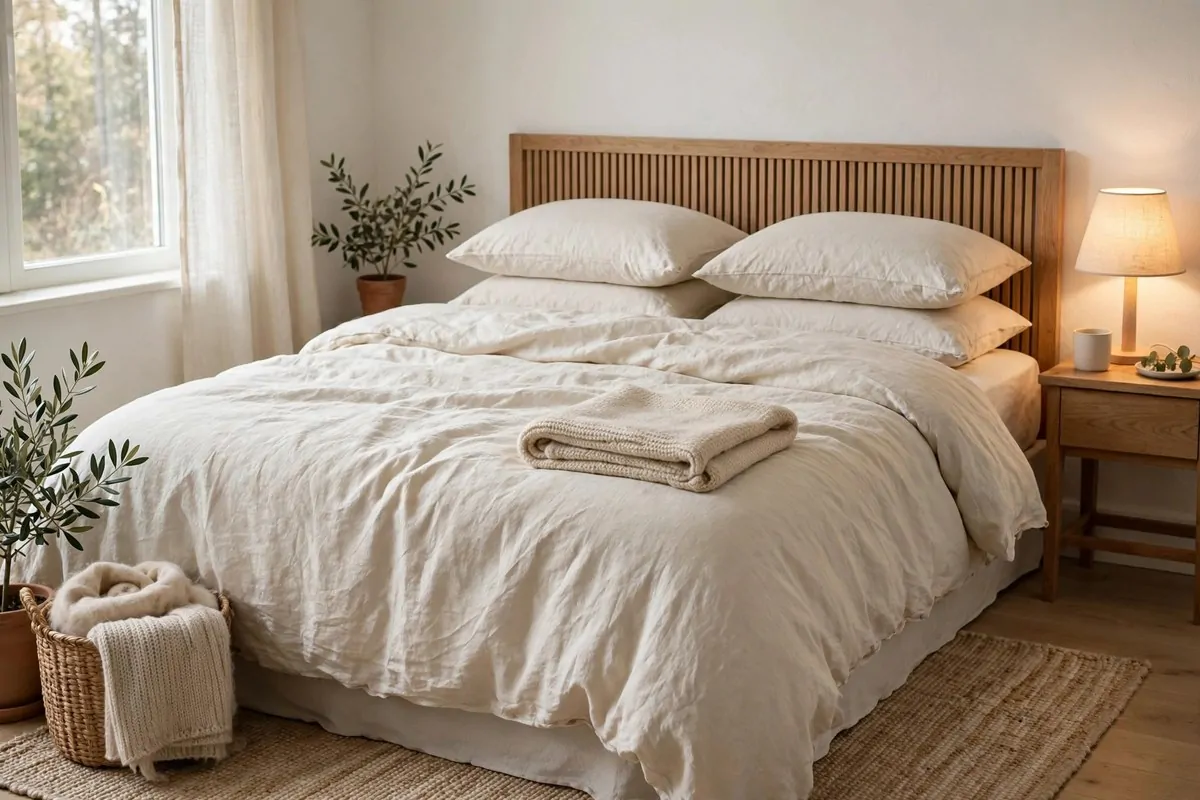 23 Hygge Home Inspiration Ideas for Ultimate Comfort 11 Bed dressed in soft cream linen bedding with warm bedside lamp