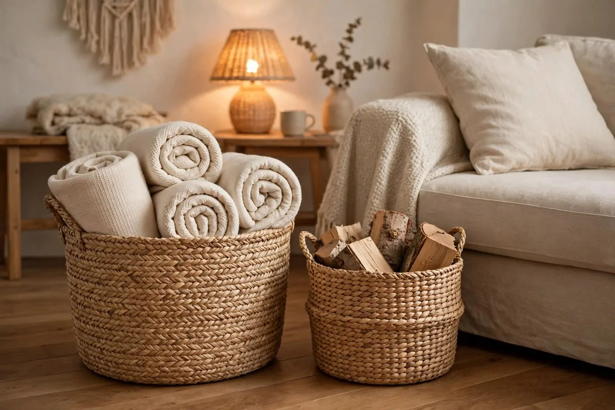 23 Hygge Home Inspiration Ideas for Ultimate Comfort 12 Woven baskets holding rolled blankets and firewood beside a sofa