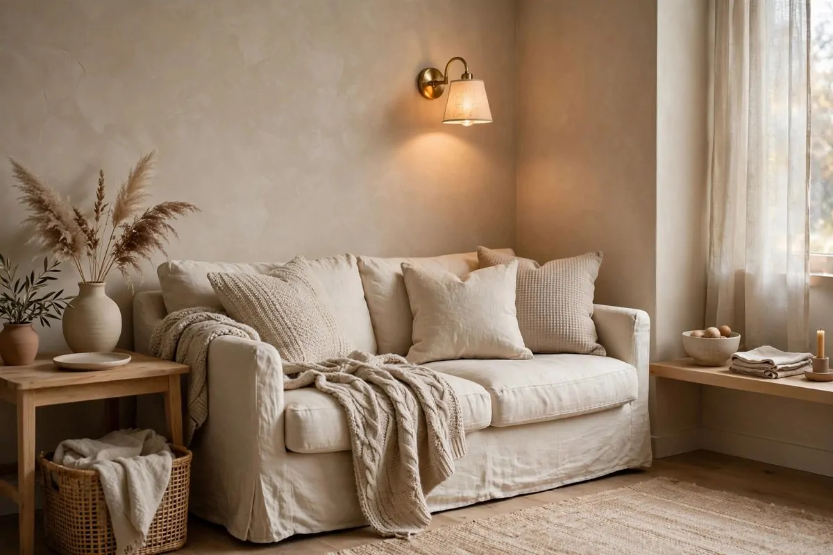 23 Hygge Home Inspiration Ideas for Ultimate Comfort 13 Living room corner with warm beige clay walls and cream sofa