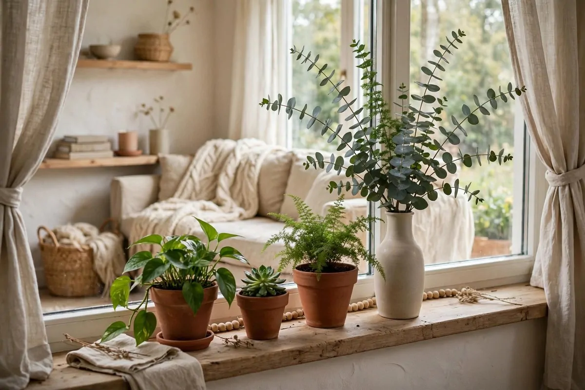 23 Hygge Home Inspiration Ideas for Ultimate Comfort 14 Windowsill with potted green plants and eucalyptus branches in a vase