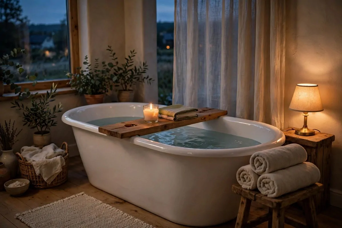 23 Hygge Home Inspiration Ideas for Ultimate Comfort 15 Bathtub with wooden tray, lit candle and book in warm bathroom light