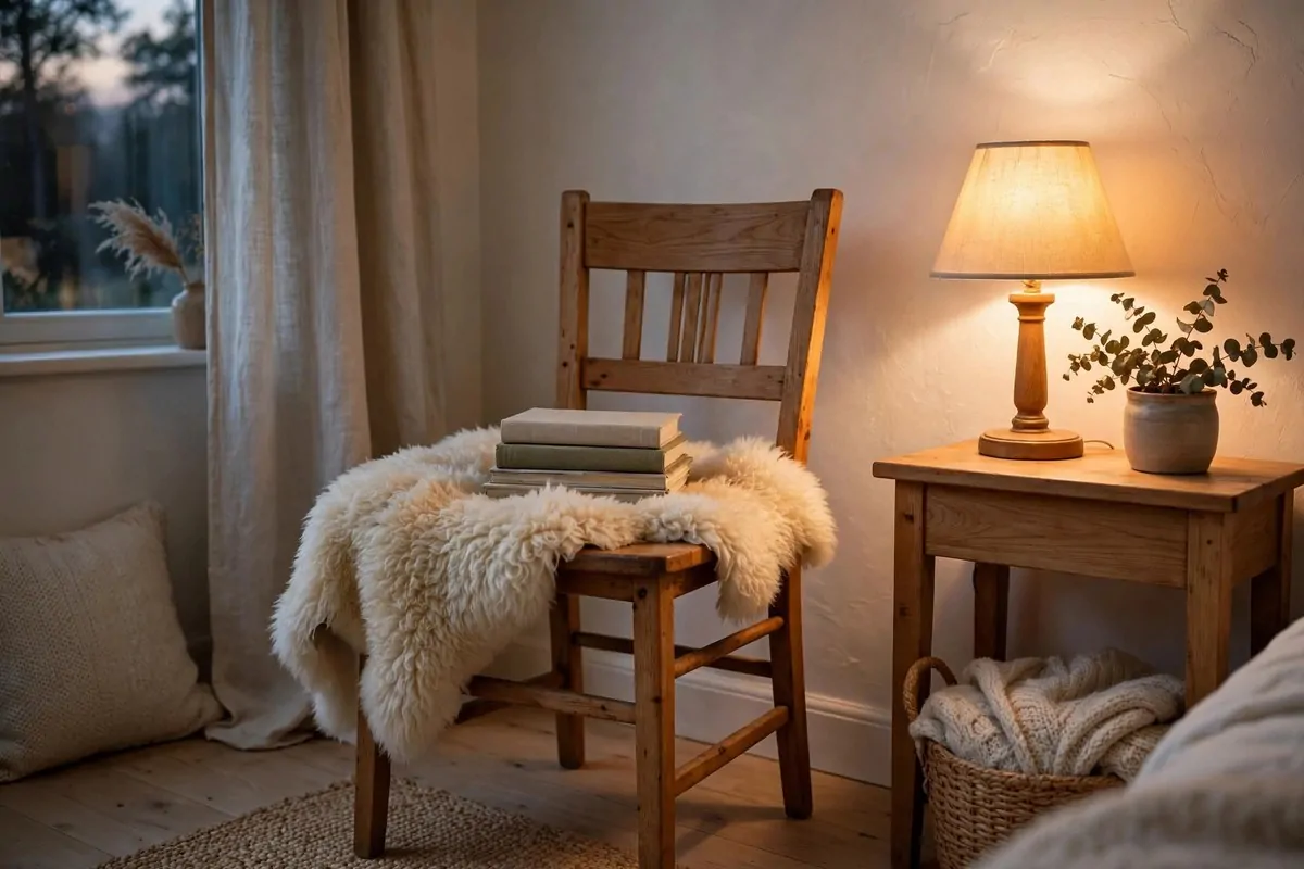 23 Hygge Home Inspiration Ideas for Ultimate Comfort 16 Wooden chair with cream sheepskin throw draped over the seat