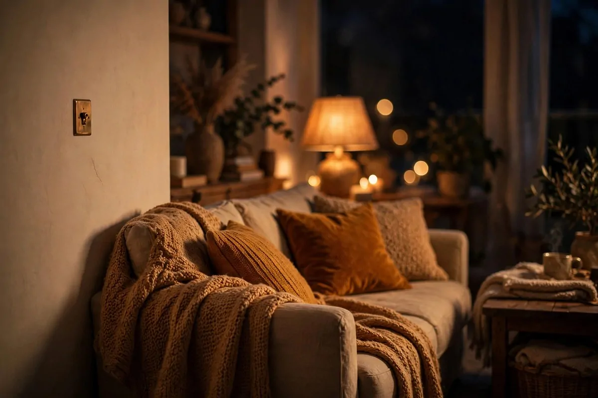 23 Hygge Home Inspiration Ideas for Ultimate Comfort 17 Cosy living room at night with lights dimmed low and warm lamp glowing