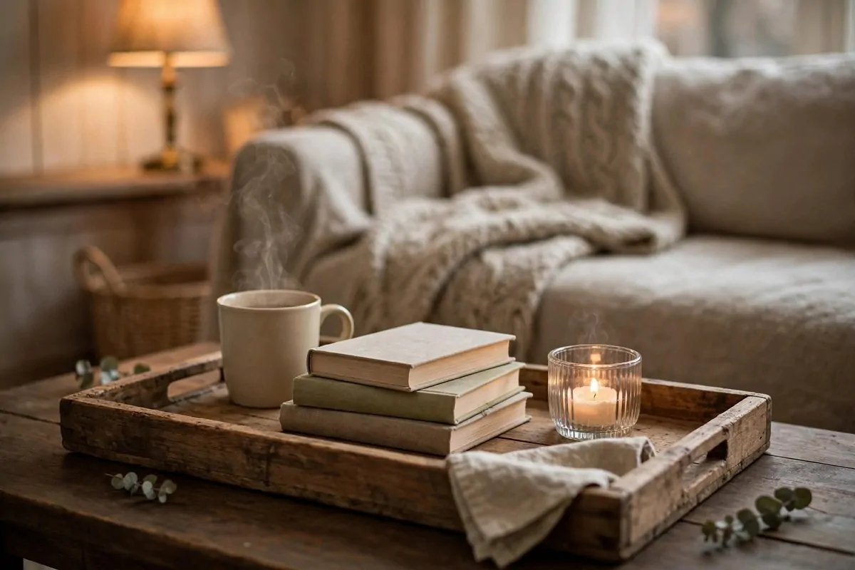 23 Hygge Home Inspiration Ideas for Ultimate Comfort 18 Wooden tray on coffee table with stacked books, lit candle and steaming mug