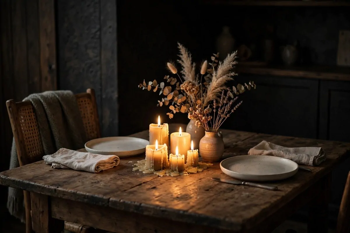 23 Hygge Home Inspiration Ideas for Ultimate Comfort 19 Dining table set for candlelit dinner with simple plates and linen napkins