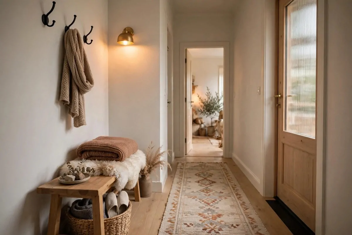 23 Hygge Home Inspiration Ideas for Ultimate Comfort 20 Warm entryway with wooden bench, sheepskin, wall lamp and runner rug