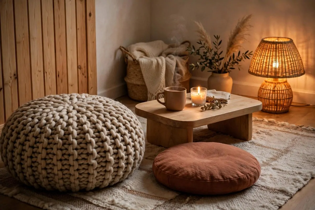 23 Hygge Home Inspiration Ideas for Ultimate Comfort 21 Knitted wool pouf and floor cushion beside a low coffee table
