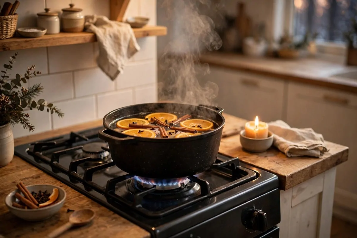 23 Hygge Home Inspiration Ideas for Ultimate Comfort 23 Simmering pot with orange slices and cinnamon sticks on a warm stove