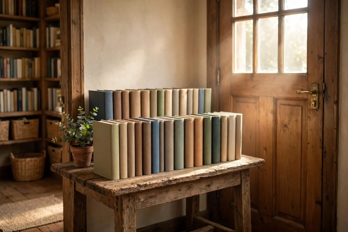 A rustic entryway table with new books arranged face-out in tidy rows near a door