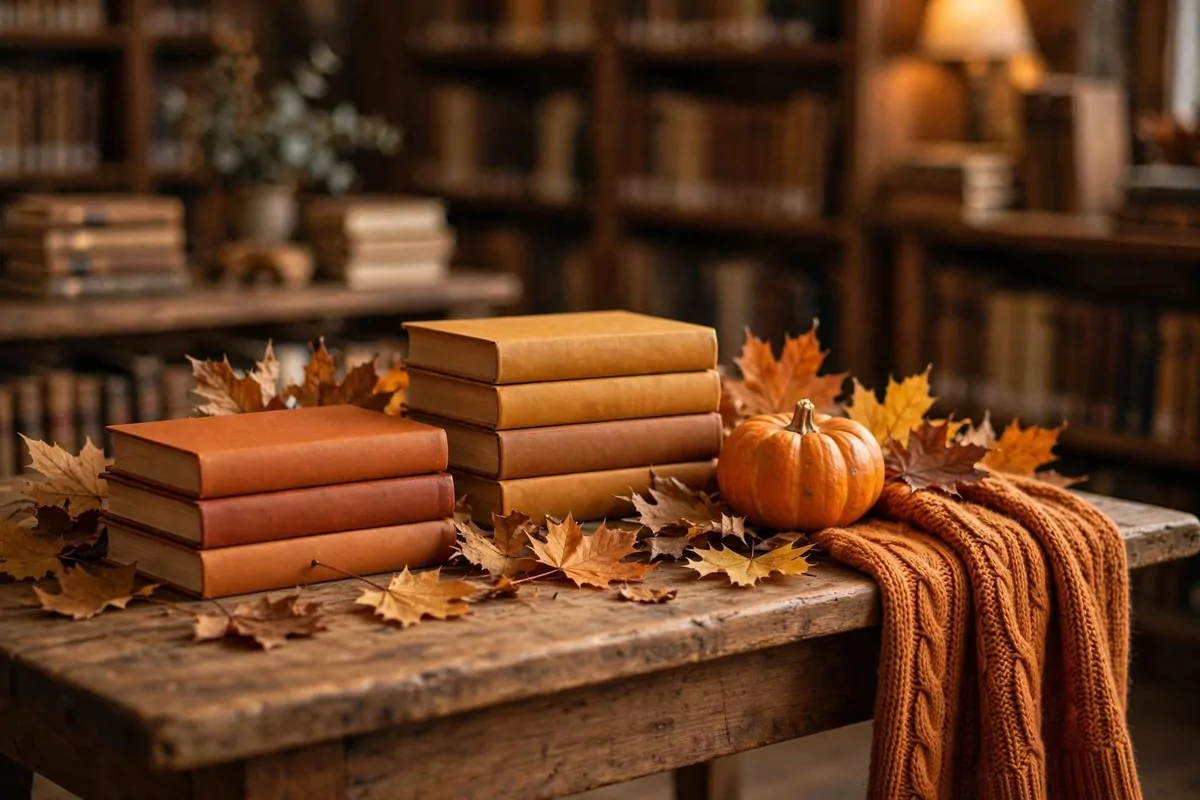 An autumn-themed library display table with warm-colored books, dried leaves and a cozy scarf