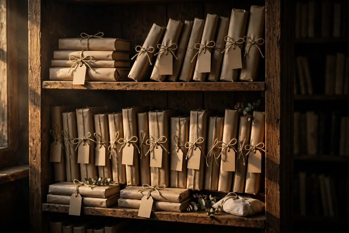 Kraft-paper wrapped books with twine bows and small tags on a library shelf