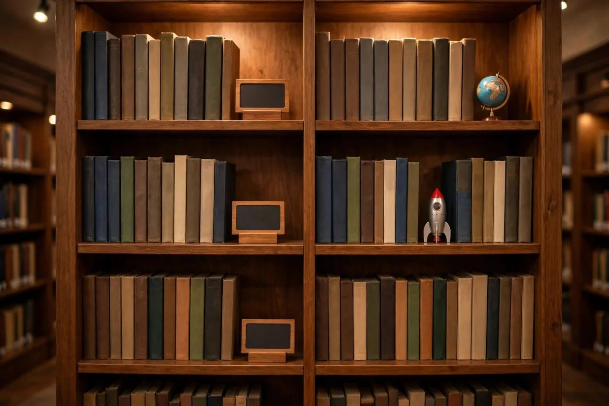 A bookshelf with books grouped into genre sections divided by small sign holders and playful markers