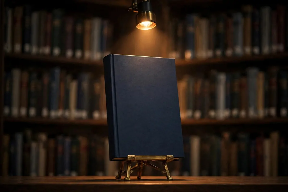 A single book on a brass easel under a small spotlight lamp on a library shelf