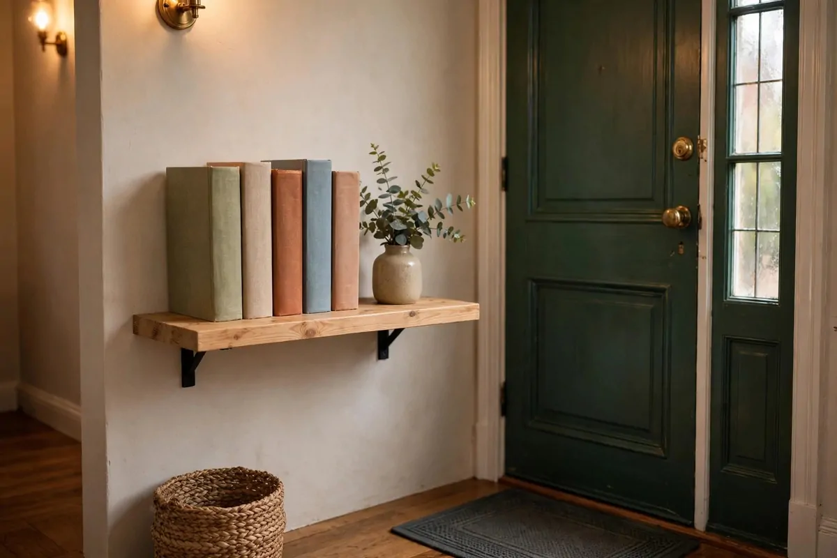 A small wall shelf by a front door with books displayed cover-out and a little plant