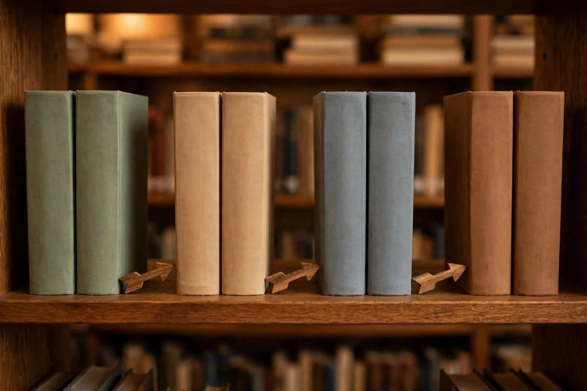 A library shelf with pairs of similar books standing side by side with a small wooden pointer between them