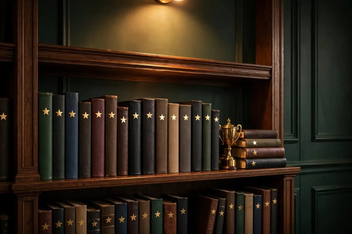 An elegant shelf of prize-winning books with small gold star stickers and a tiny brass trophy