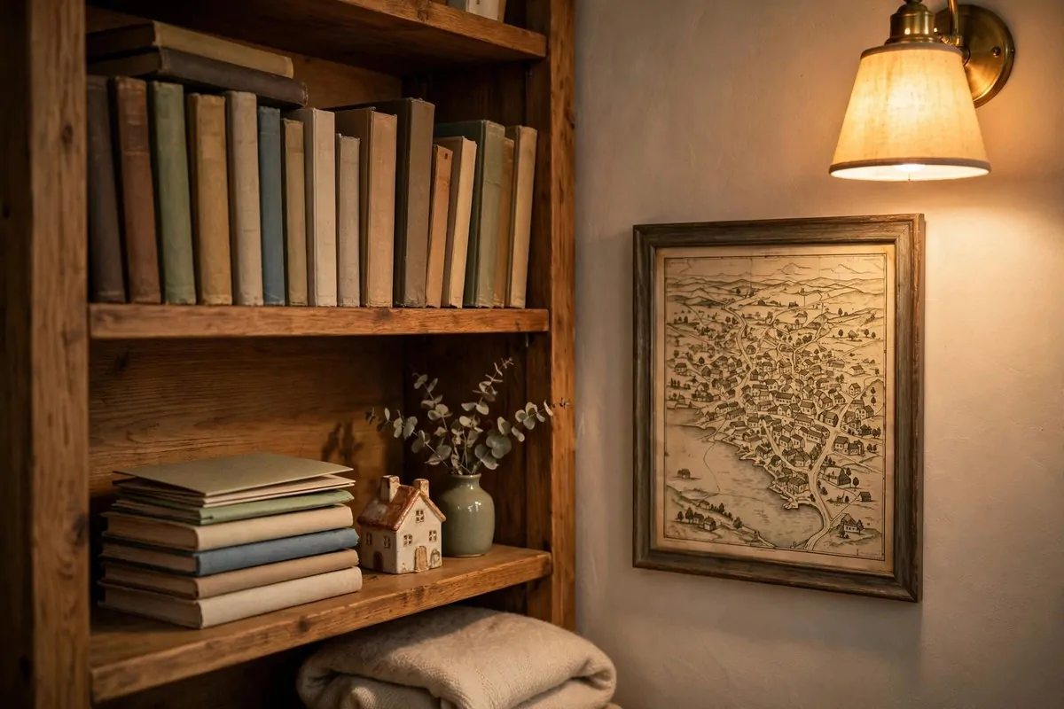 A cozy library corner with local books, a framed town map and a little ceramic house