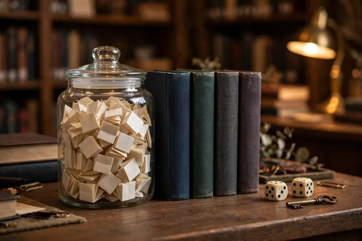 A glass jar of folded paper slips beside mystery books and a small brass key on a table