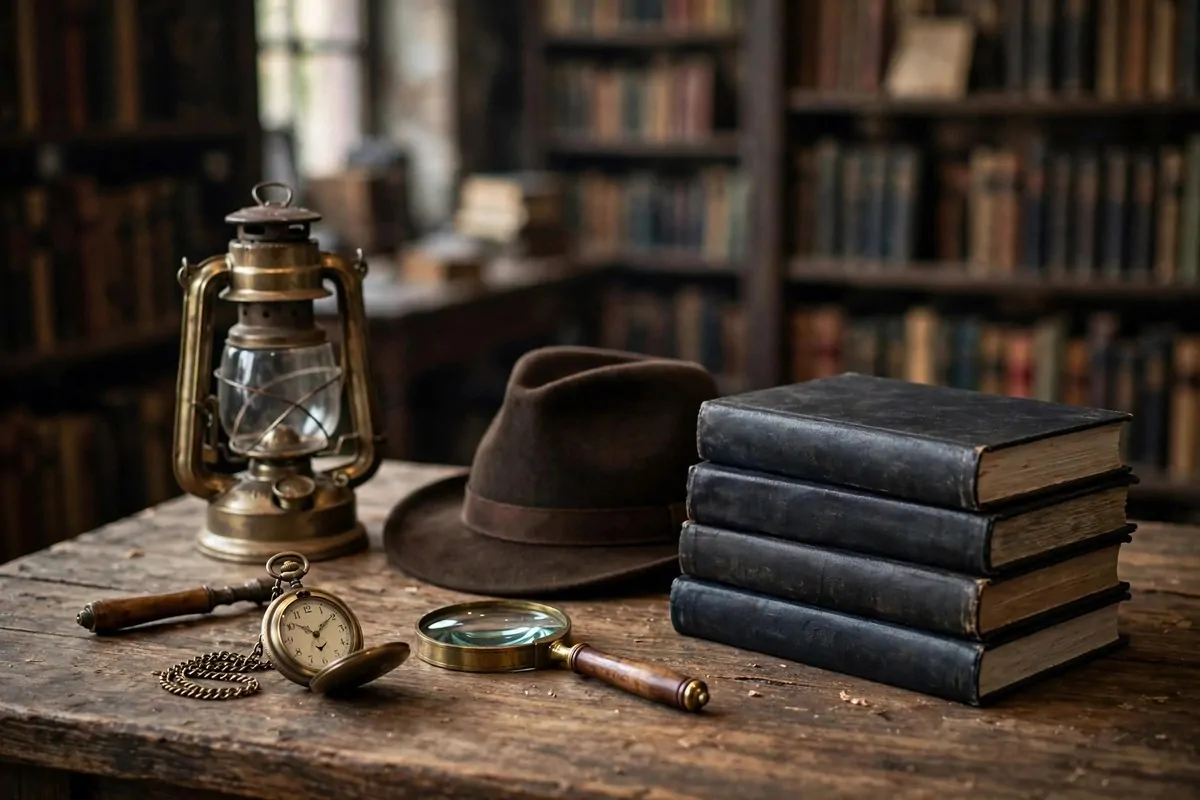 Mystery books styled with a magnifying glass, brass lantern, pocket watch and hat on a table