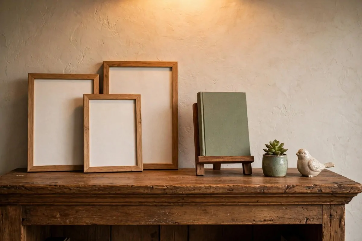 The top of a bookcase styled as a mini gallery with leaning art prints, a face-out book and a small plant