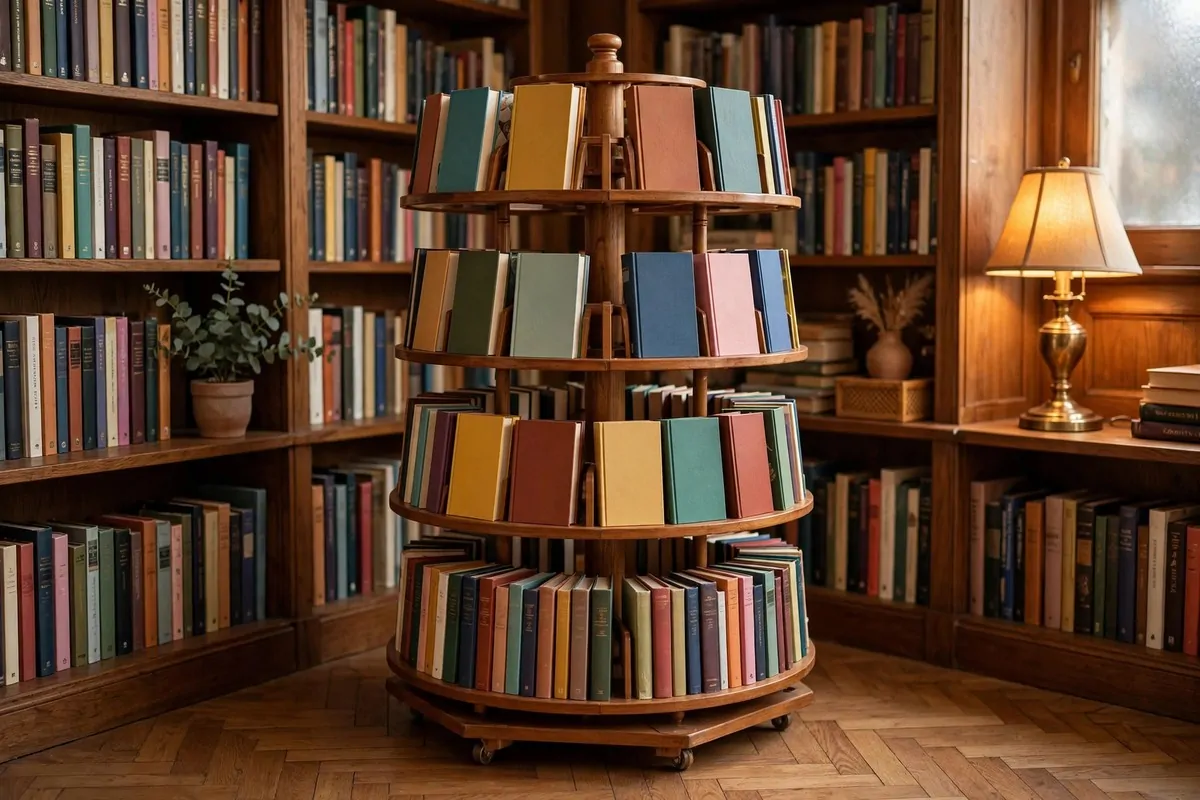 A wooden spinning book carousel rack filled with colorful books in a library corner