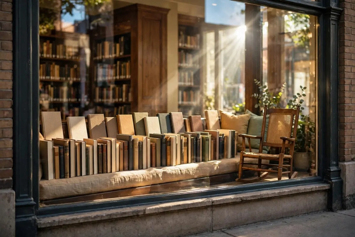 A sunny window bench with books displayed face-out toward the glass in daylight