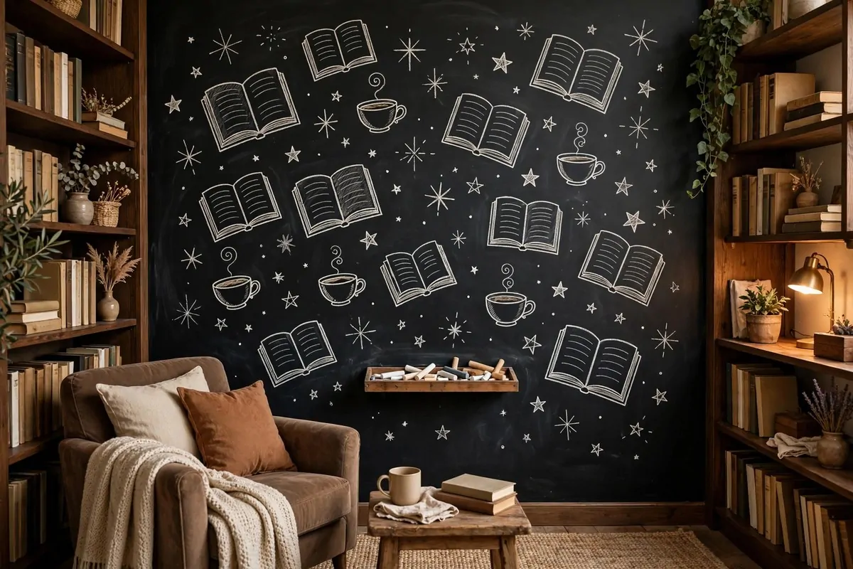A chalkboard wall with hand-drawn chalk doodles of books, stars and teacups beside bookshelves