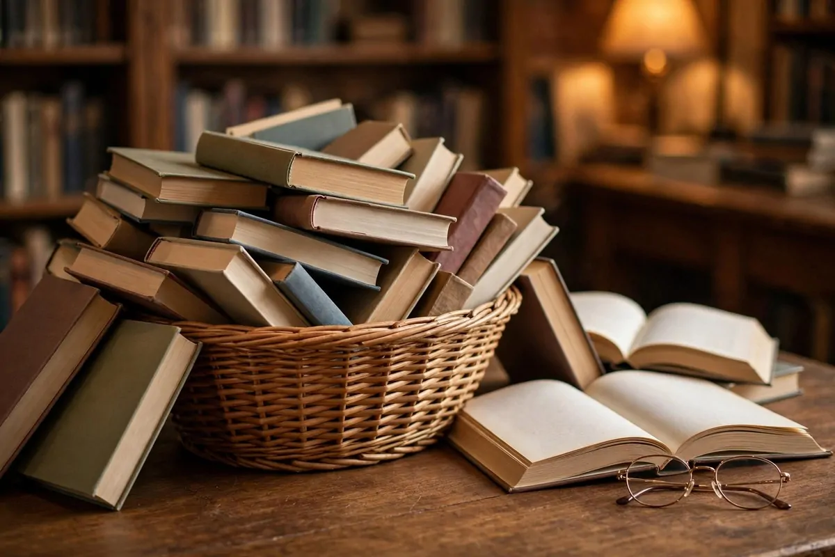 A wicker basket overflowing with paperback books with a few open books showing first pages