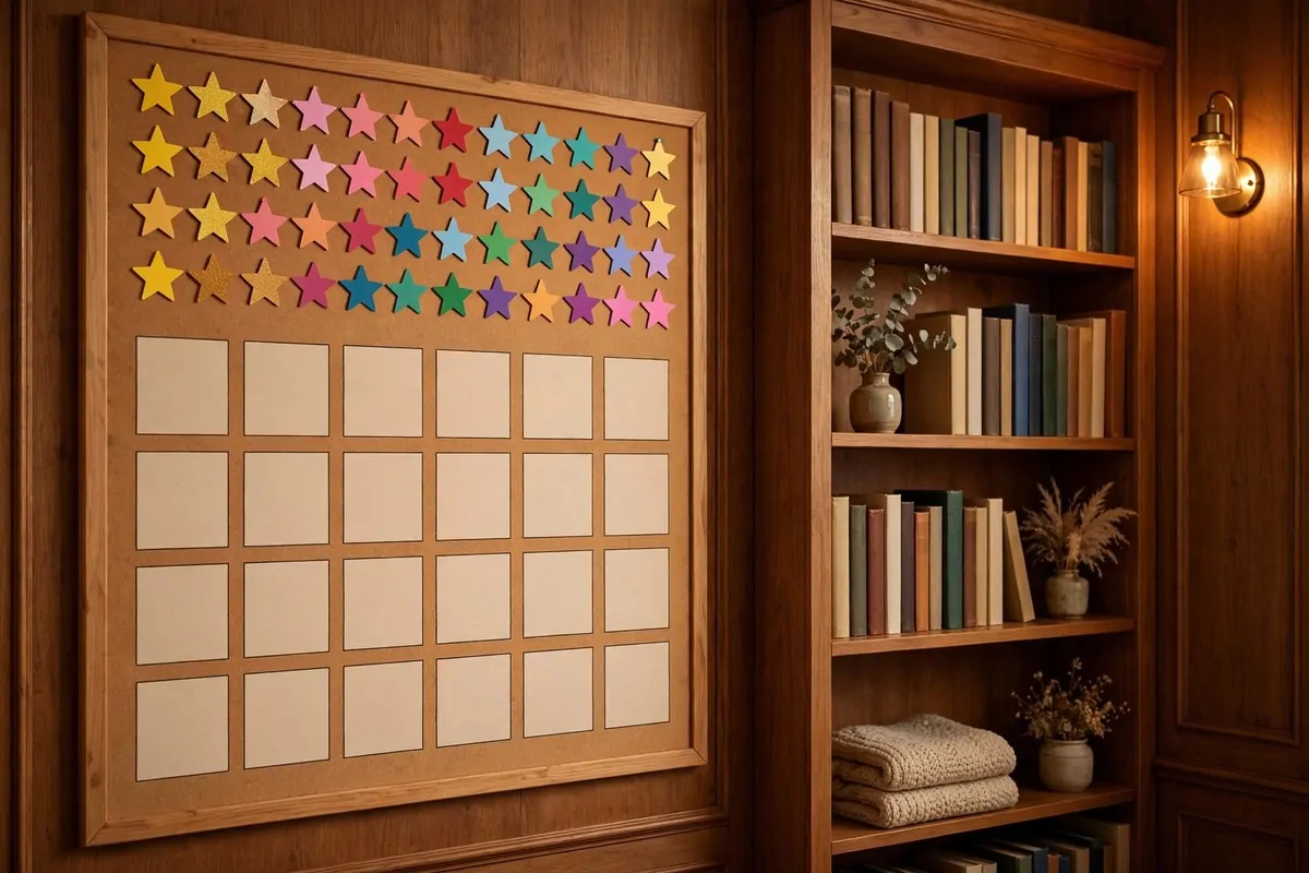 A wall chart with colorful star stickers and blank squares beside a bookshelf