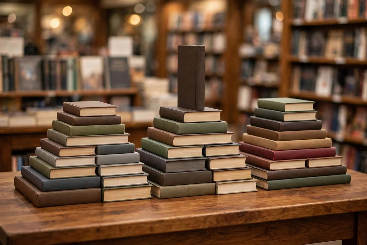 Books stacked in neat bookstore-style pyramids on a wooden display table