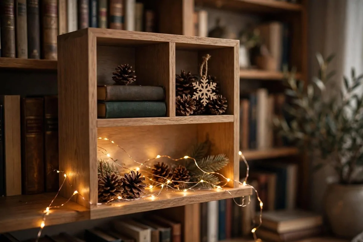 A tiny winter holiday cube shelf with books, pinecones, fairy lights and a wooden snowflake