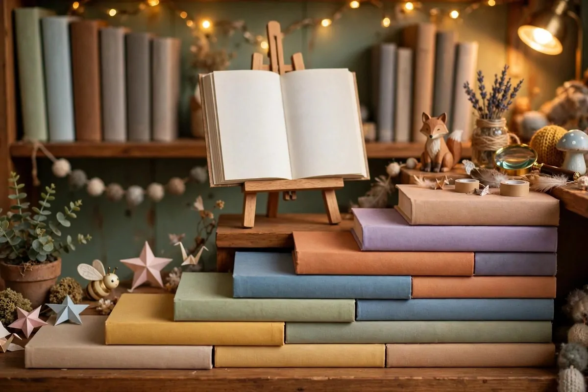 A playful stack of books arranged in a stepped pattern with one open book on a small easel