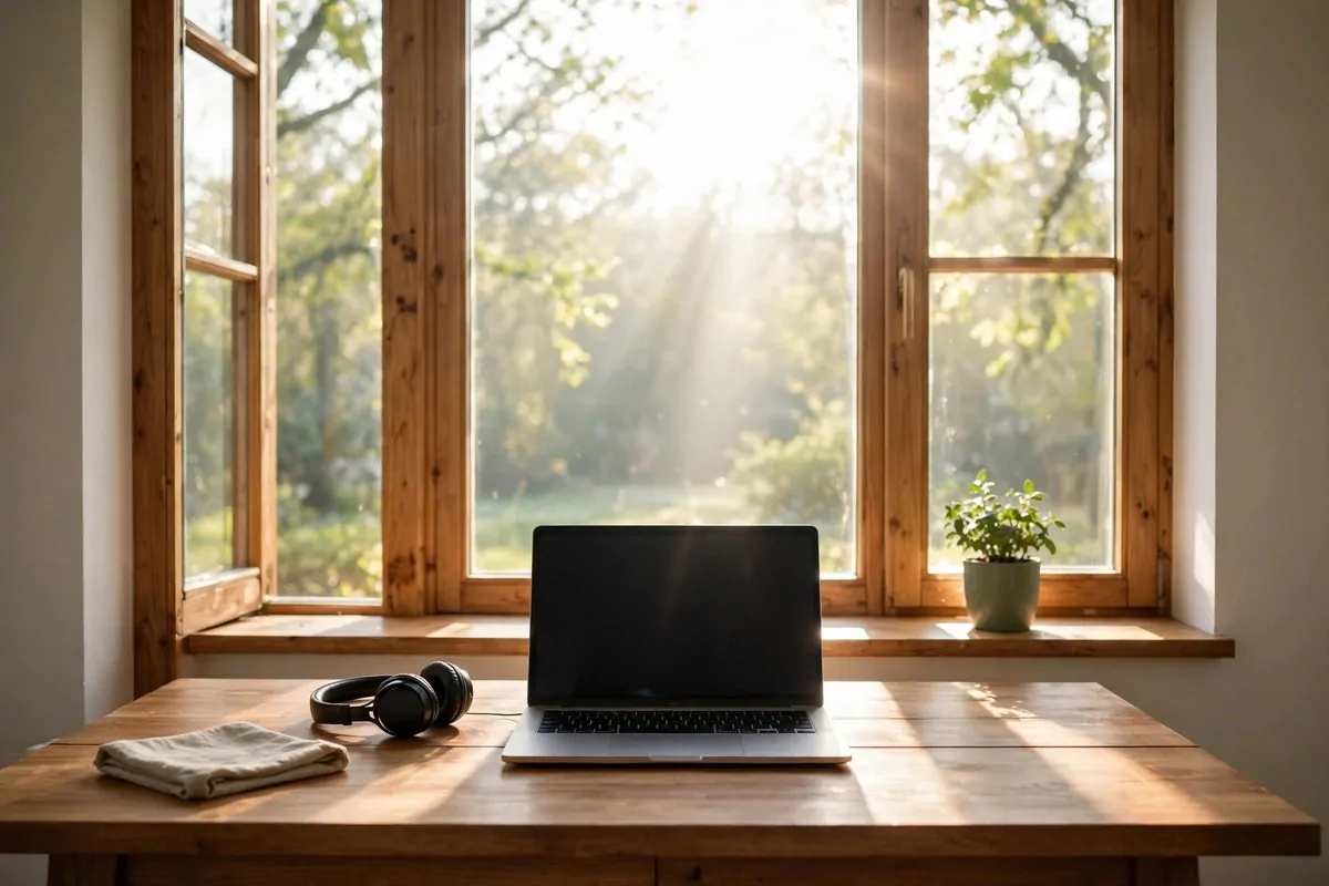 23 Office Ideas for Work That Make Your Desk Feel Like Home 1 Home office desk facing a bright window with laptop and plant in morning light