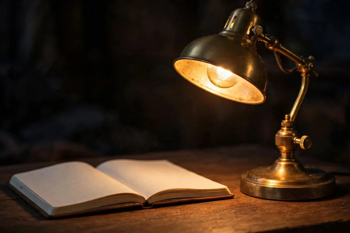 23 Office Ideas for Work That Make Your Desk Feel Like Home 2 Warm brass desk lamp glowing on wooden desk with notebook