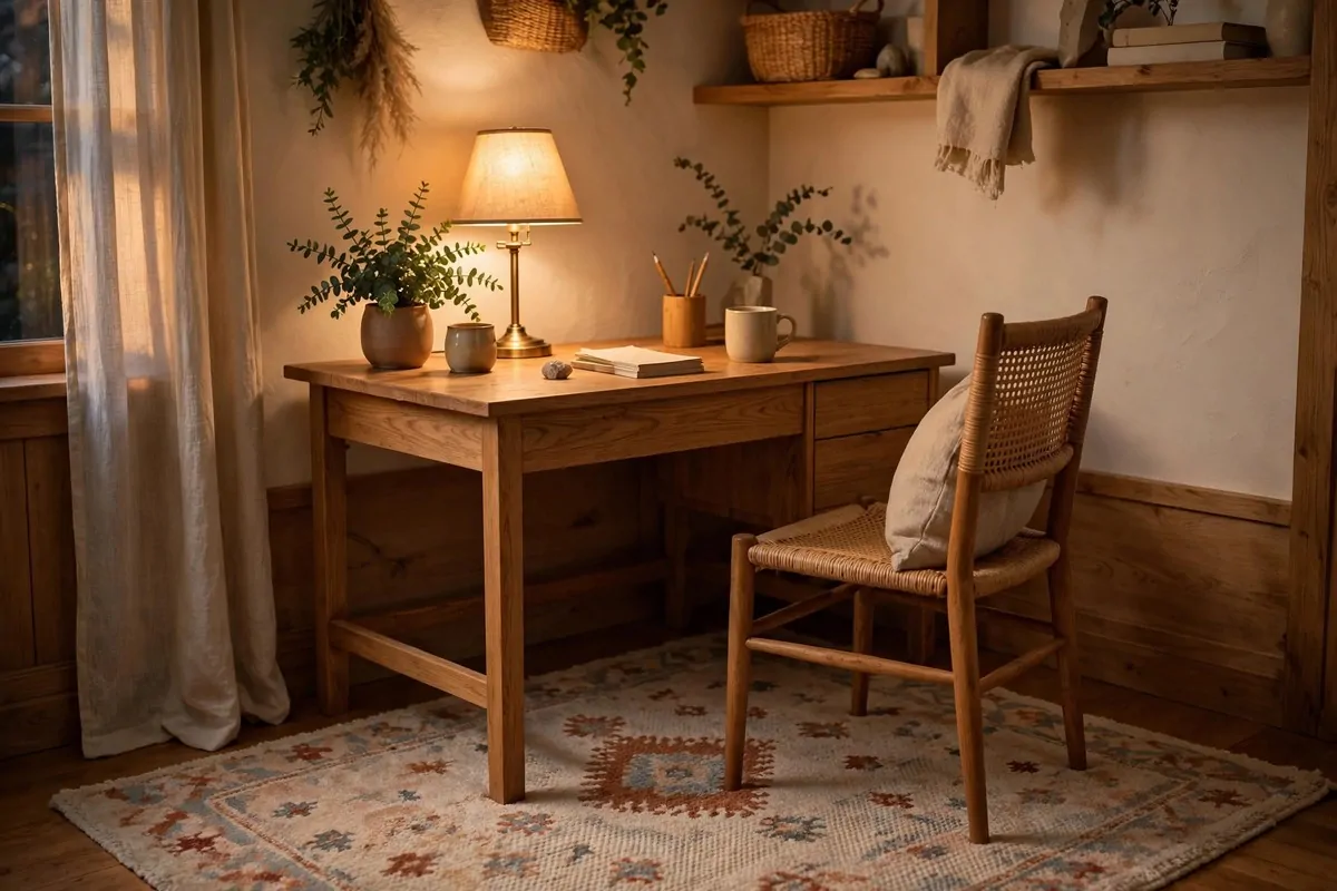 23 Office Ideas for Work That Make Your Desk Feel Like Home 3 Patterned rug under wooden desk and chair in cozy office corner