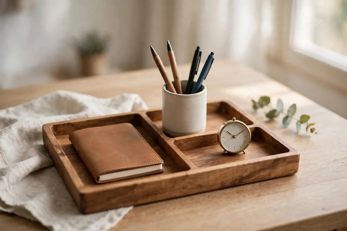 23 Office Ideas for Work That Make Your Desk Feel Like Home 4 Wooden tray with notebook, pen cup and small clock on desk