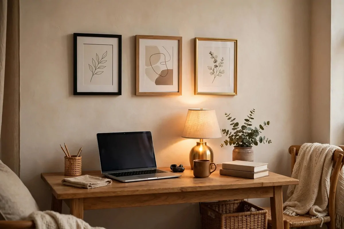 23 Office Ideas for Work That Make Your Desk Feel Like Home 5 Gallery wall of framed prints above home office desk