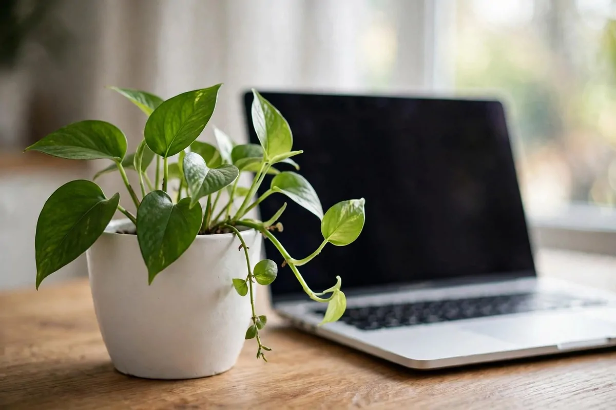 23 Office Ideas for Work That Make Your Desk Feel Like Home 6 Pothos plant in ceramic pot beside laptop on desk