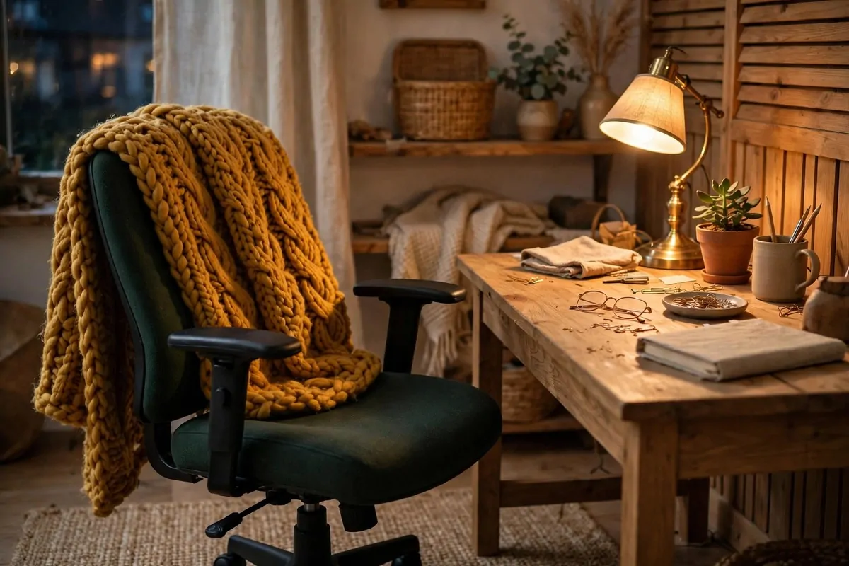 23 Office Ideas for Work That Make Your Desk Feel Like Home 7 Office chair with chunky knitted throw draped over back
