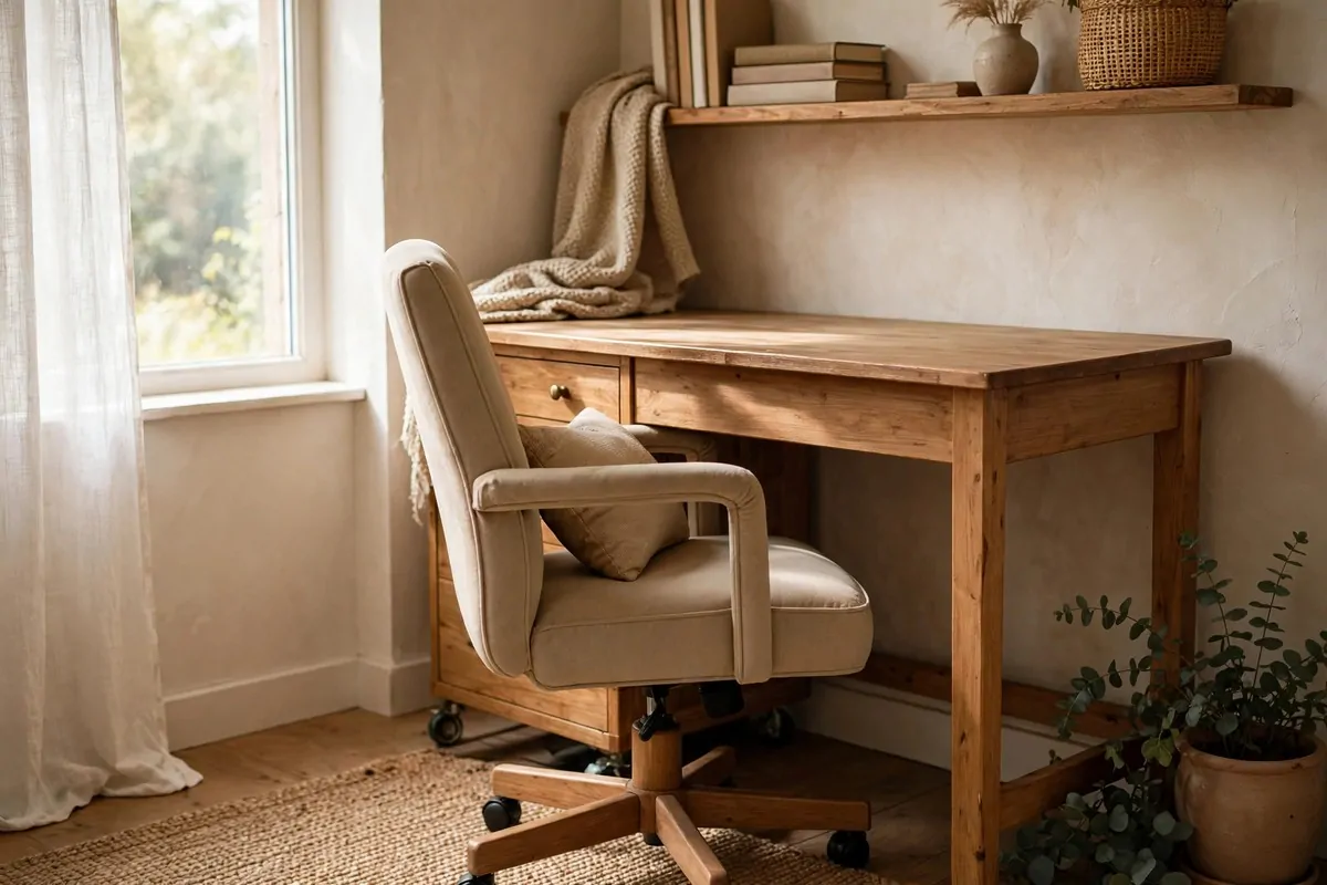 23 Office Ideas for Work That Make Your Desk Feel Like Home 8 Fabric office chair tucked under wooden desk