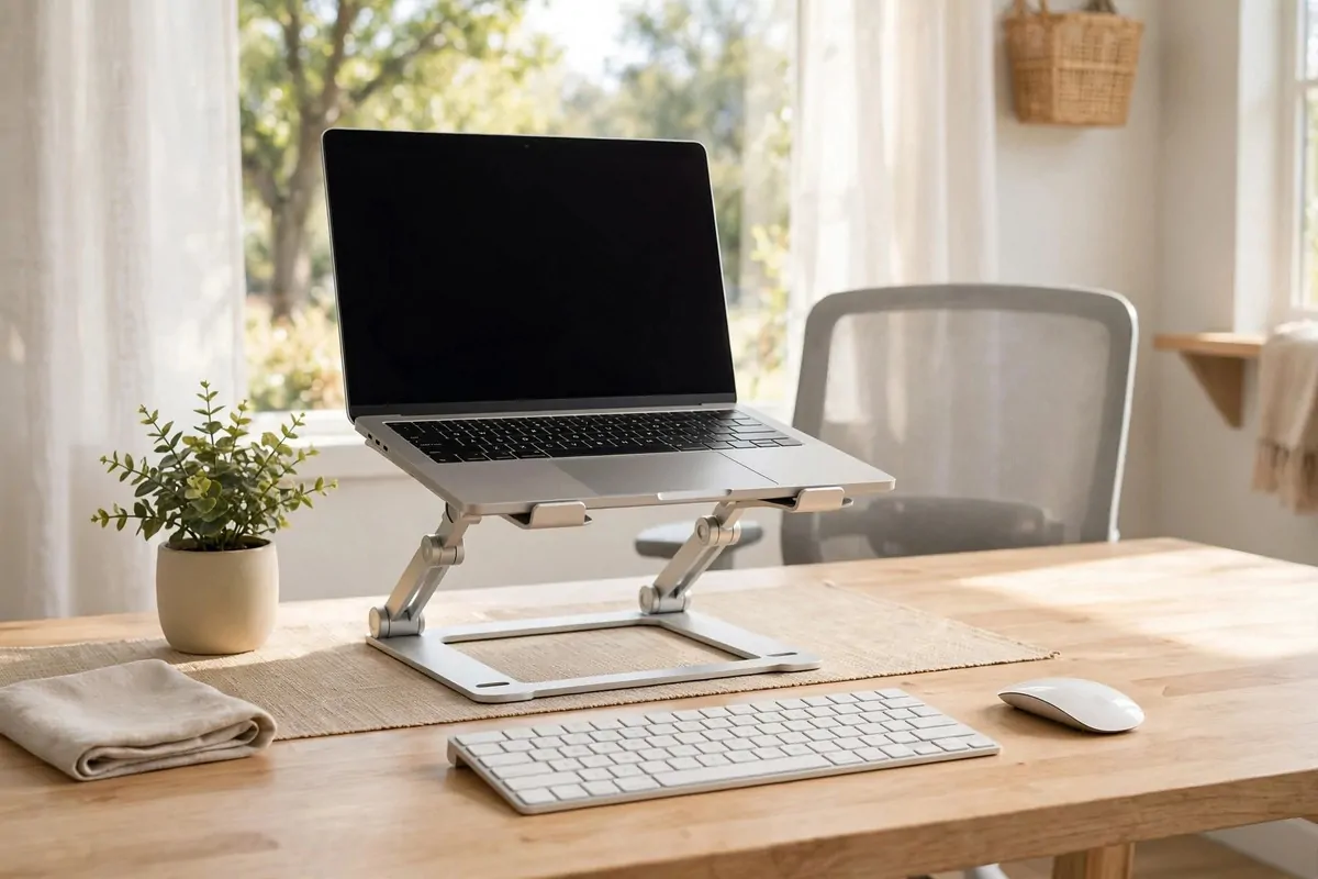 23 Office Ideas for Work That Make Your Desk Feel Like Home 9 Laptop on stand with separate keyboard on tidy desk