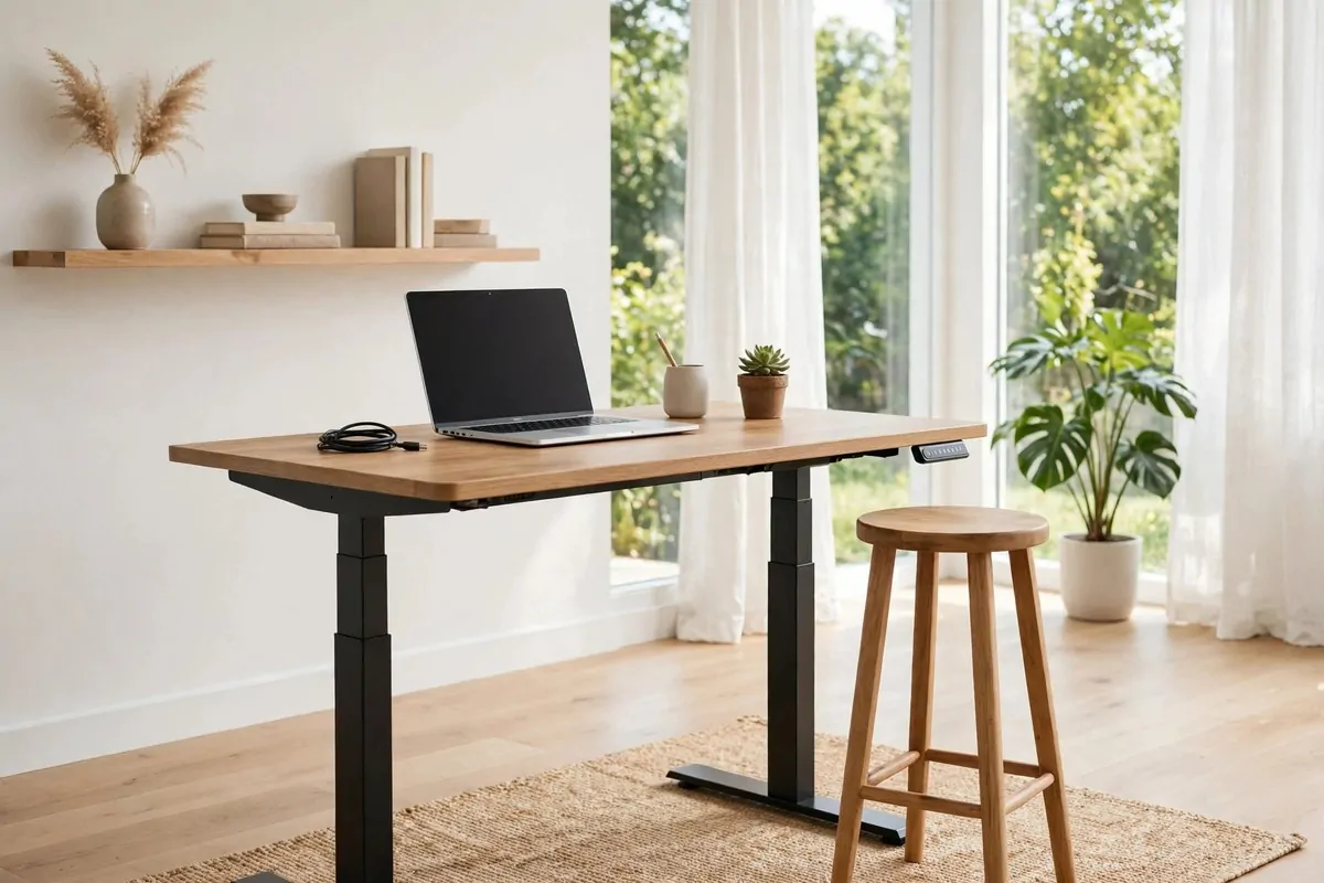 23 Office Ideas for Work That Make Your Desk Feel Like Home 10 Standing desk at standing height with stool beside it