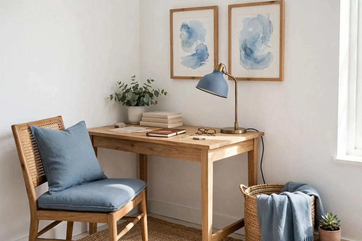 23 Office Ideas for Work That Make Your Desk Feel Like Home 11 Home office with dusty blue cushion, lamp shade and framed art