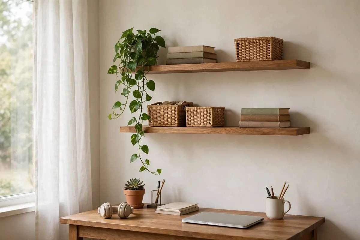23 Office Ideas for Work That Make Your Desk Feel Like Home 12 Floating shelves with books, plant and boxes above desk