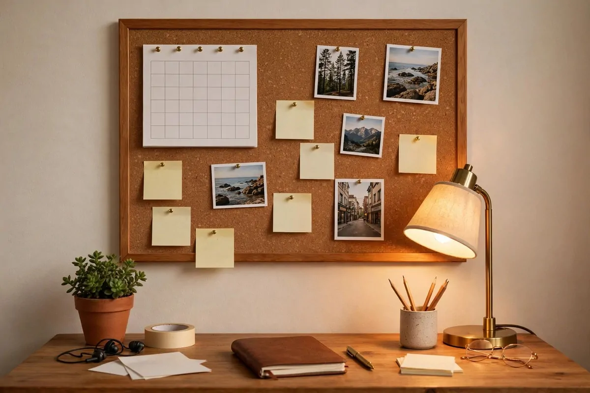 23 Office Ideas for Work That Make Your Desk Feel Like Home 14 Cork board with pinned notes, photos and calendar above desk