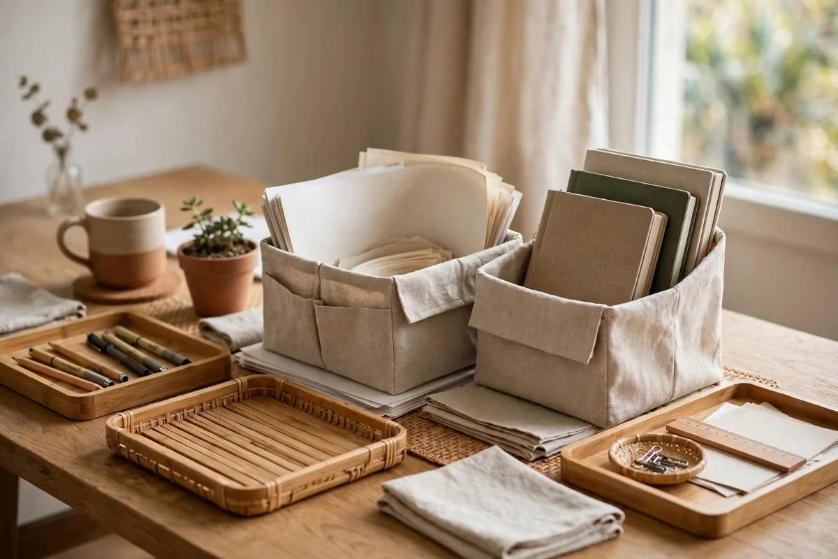 23 Office Ideas for Work That Make Your Desk Feel Like Home 16 Desk with bamboo and linen organizers holding pens and papers