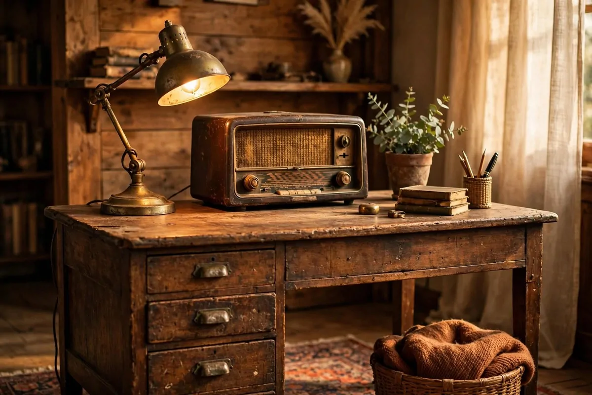23 Office Ideas for Work That Make Your Desk Feel Like Home 17 Vintage wooden desk with brass lamp and old radio in warm light